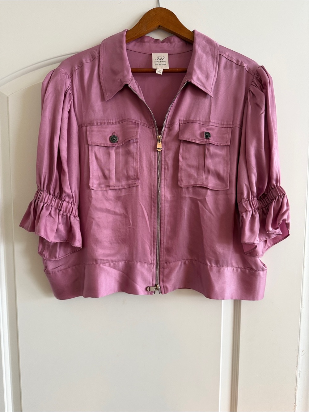 cinq a sept Dusty Rose Zip-Front Utility Jacket with Ruffled Sleeves